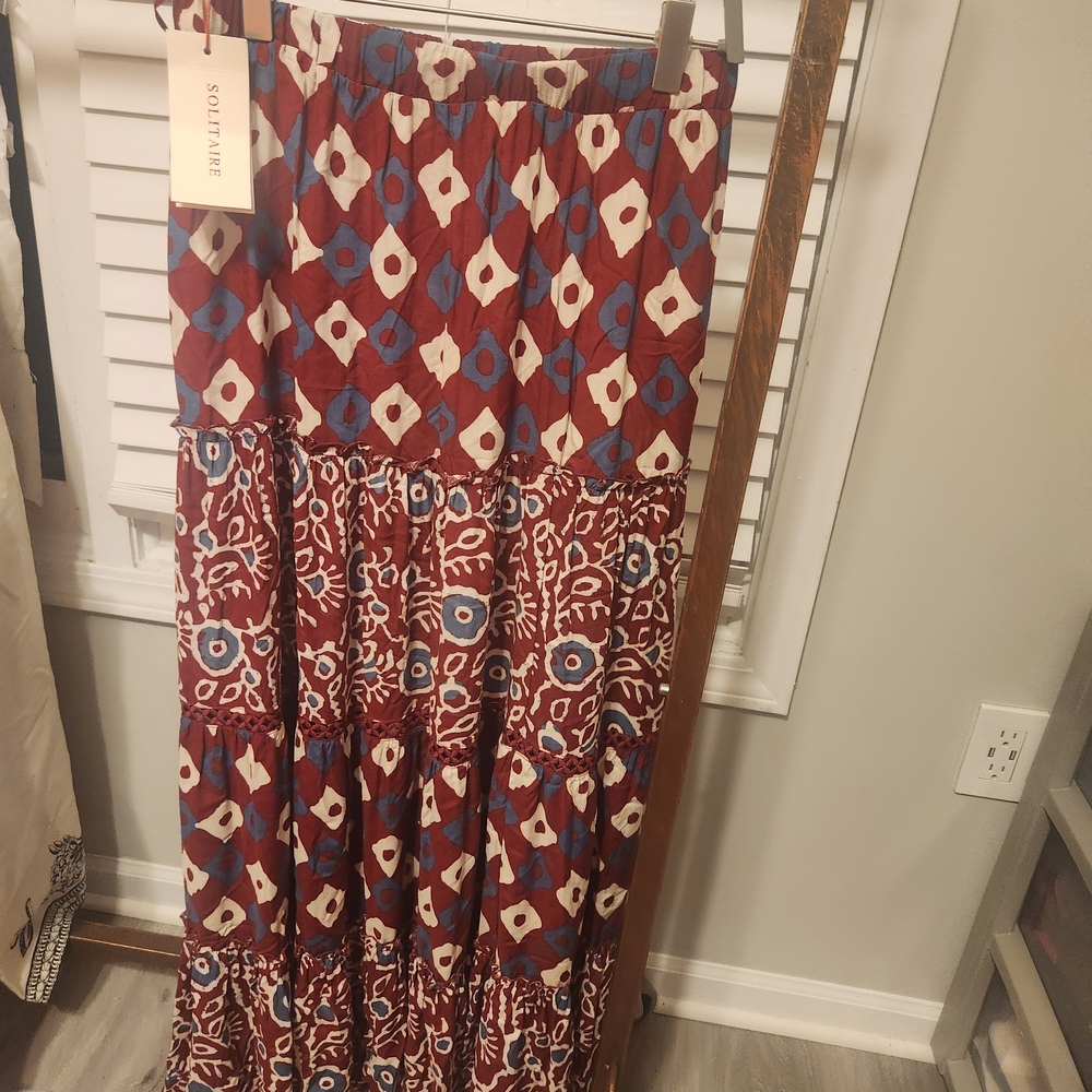 Solitaire Red, Cream and Blue Patterned Women's Maxi Skirt